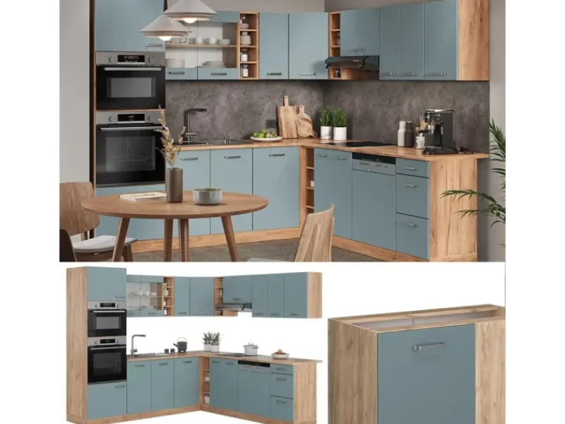 Winkelküchen<Vicco R-Line Eckküche Blau-Grau/Goldkraft Eiche 237 x 247 cm AP Marmor ohne E-Geräte