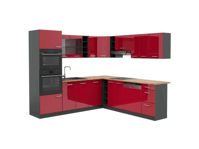 Vicco R-Line Eckküche Bordeaux Hochglanz/Anthrazit 237 x 247 cm AP Eiche ohne E-Geräte< Winkelküchen|Kühlschränke