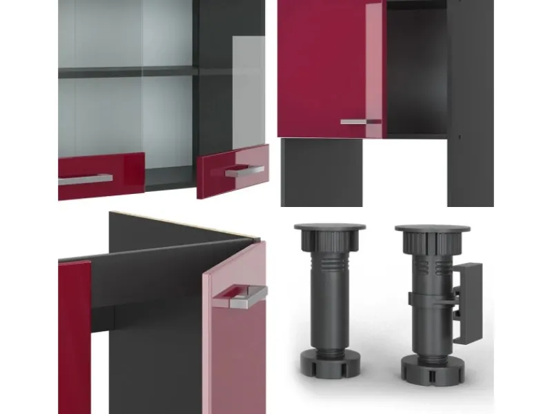 Vicco R-Line Eckküche Bordeaux Hochglanz/Anthrazit 237 x 247 cm AP Eiche ohne E-Geräte< Winkelküchen|Kühlschränke