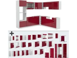 Outlet Vicco R-Line Eckküche Bordeaux Hochglanz/Weiß 237 x 60 cm ohne Arbeitsplatte ohne E-Geräte Brilliant Bordeaux