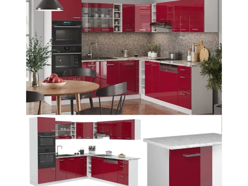 Clearance Vicco R-Line Eckküche Bordeaux Hochglanz/Weiß 237 x 247 cm AP Eiche ohne E-Geräte Brilliant Bordeaux