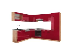 Winkelküchen<Vicco R-Line Eckküche Bordeaux Hochglanz/Goldkraft Eiche 227 x 287 cm AP Marmor ohne E-Geräte