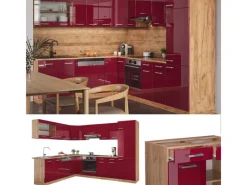 Winkelküchen<Vicco R-Line Eckküche Bordeaux Hochglanz/Goldkraft Eiche 227 x 287 cm AP Marmor ohne E-Geräte