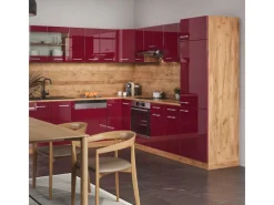 Winkelküchen<Vicco R-Line Eckküche Bordeaux Hochglanz/Goldkraft Eiche 227 x 287 cm AP Marmor ohne E-Geräte