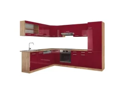Vicco R-Line Eckküche Bordeaux Hochglanz/Goldkraft Eiche 227 x 287 cm ohne Arbeitsplatte ohne E-Geräte< Winkelküchen|Küchenschränke