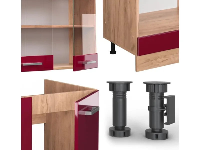 Vicco R-Line Eckküche Bordeaux Hochglanz/Goldkraft Eiche 227 x 287 cm ohne Arbeitsplatte ohne E-Geräte< Winkelküchen|Küchenschränke