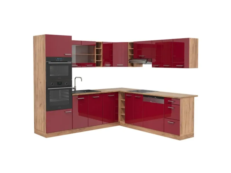 Vicco R-Line Eckküche Bordeaux Hochglanz/Goldkraft Eiche 237 x 247 cm AP Eiche ohne E-Geräte< Winkelküchen|Einbauküchen
