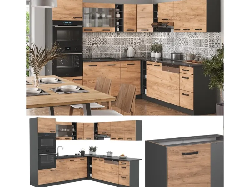Herde|Winkelküchen<Vicco R-Line Eckküche Goldkraft Eiche/Anthrazit 237 x 60 cm ohne Arbeitsplatte ohne E-Geräte