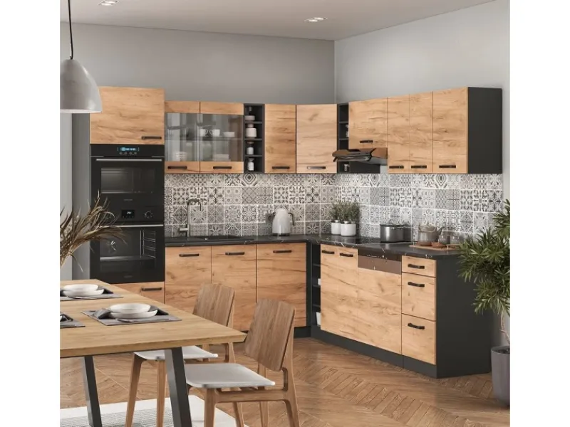 Herde|Winkelküchen<Vicco R-Line Eckküche Goldkraft Eiche/Anthrazit 237 x 60 cm ohne Arbeitsplatte ohne E-Geräte