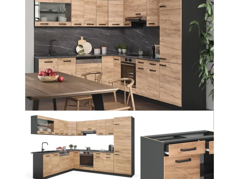 Vicco R-Line Eckküche Goldkraft Eiche/Anthrazit 227 x 287 cm AP Marmor ohne E-Geräte Anthrazit-Eiche