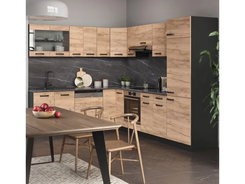 Vicco R-Line Eckküche Goldkraft Eiche/Anthrazit 227 x 287 cm AP Marmor ohne E-Geräte Anthrazit-Eiche