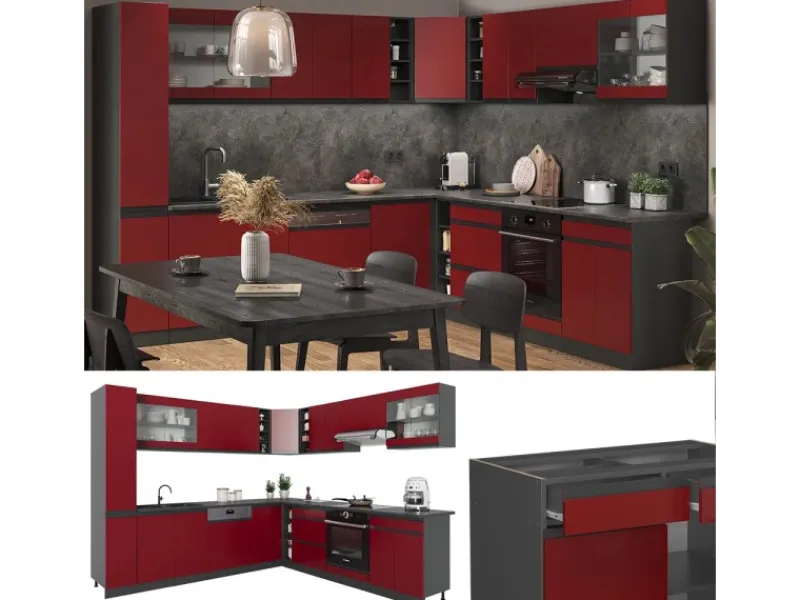 Vicco R-Line Eckküche /Anthrazit 257 x 277 cm J-ShapeAP Eiche ohne E-Geräte< Winkelküchen