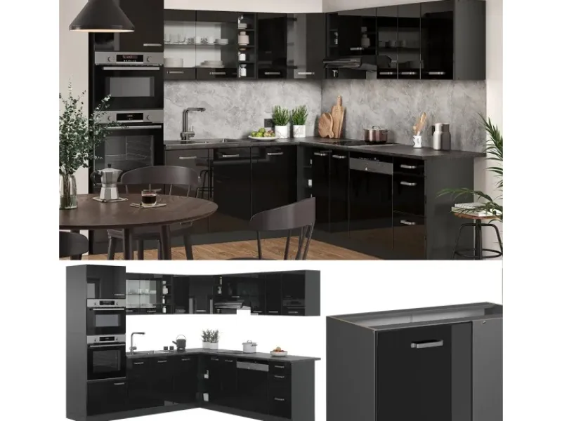 Vicco R-Line Eckküche /Anthrazit 237 x 247 cm AP Marmor ohne E-Geräte Schwarz Hochglanz
