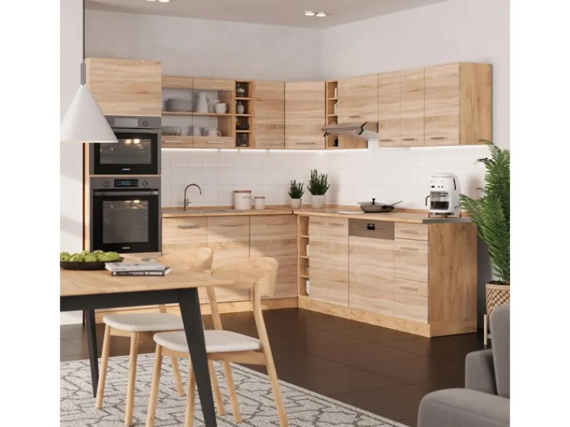 Winkelküchen|Küchenschränke<Vicco R-Line Eckküche Sonoma/Goldkraft Eiche 237 x 247 cm AP Marmor ohne E-Geräte