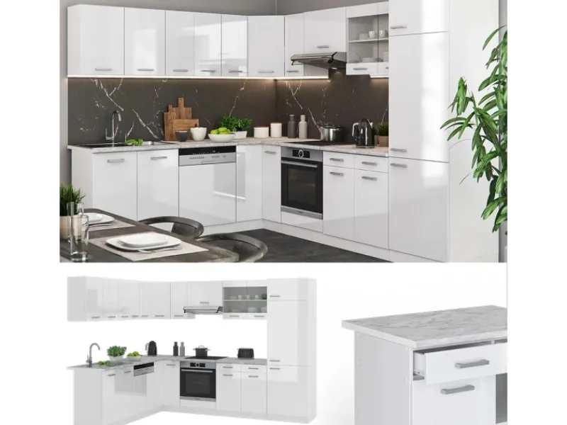 Clearance Vicco R-Line Eckküche 227 x 287 cm ohne Arbeitsplatte ohne E-Geräte Weiß