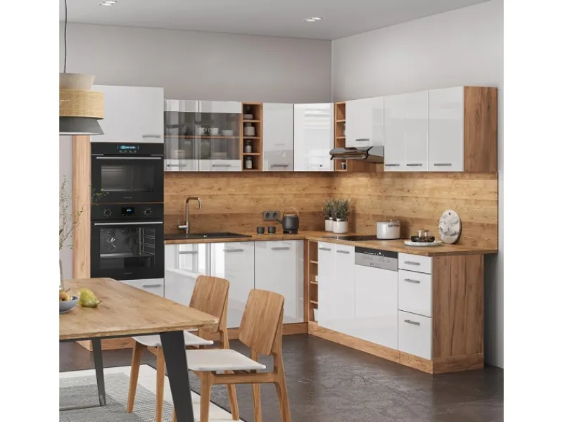 Vicco R-Line Eckküche Weiß Hochglanz/Goldkraft Eiche 237 x 247 cm AP Marmor ohne E-Geräte< Winkelküchen