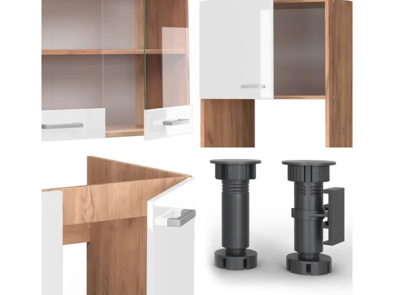 Vicco R-Line Eckküche Weiß Hochglanz/Goldkraft Eiche 237 x 247 cm AP Marmor ohne E-Geräte< Winkelküchen
