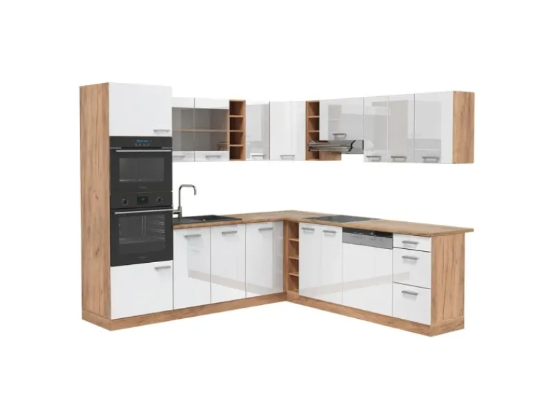 Vicco R-Line Eckküche Weiß Hochglanz/Goldkraft Eiche 237 x 60 cm ohne Arbeitsplatte ohne E-Geräte< Winkelküchen