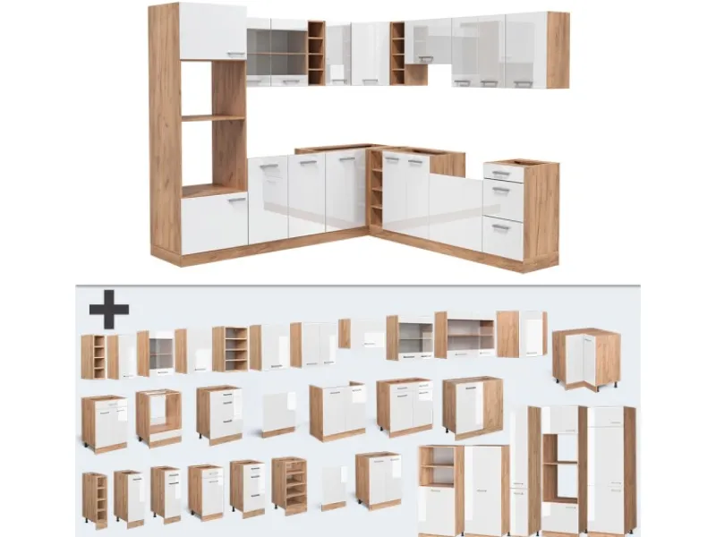 Vicco R-Line Eckküche Weiß Hochglanz/Goldkraft Eiche 237 x 60 cm ohne Arbeitsplatte ohne E-Geräte< Winkelküchen