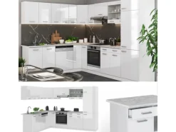 Clearance Vicco R-Line Eckküche Hochglanz/ 227 x 287 cm AP Marmor ohne E-Geräte Weiß