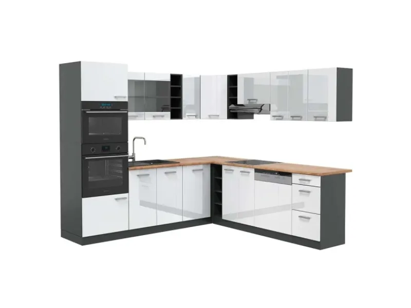 Best Vicco R-Line Eckküche /Anthrazit 237 x 247 cm AP Eiche ohne E-Geräte Weiß Hochglanz
