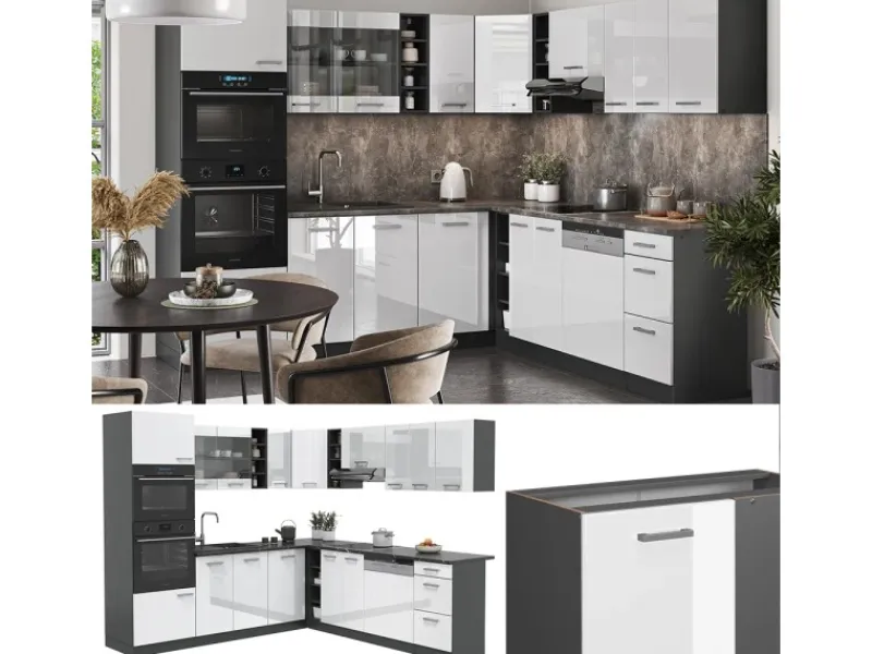 Winkelküchen<Vicco R-Line Eckküche /Anthrazit 237 x 247 cm AP Marmor ohne E-Geräte