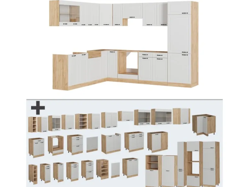 Winkelküchen<Vicco R-Line Eckküche Weiß Landhaus/Goldkraft Eiche 227 x 287 cm AP Eiche ohne E-Geräte