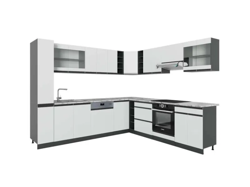 Discount Vicco R-Line Eckküche /Anthrazit 257 x 277 cm J-ShapeAP Marmor ohne E-Geräte Weiß