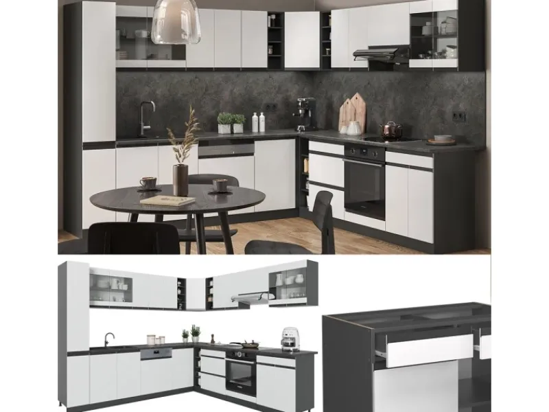 Discount Vicco R-Line Eckküche /Anthrazit 257 x 277 cm J-ShapeAP Marmor ohne E-Geräte Weiß