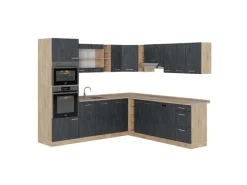 Winkelküchen|Einbauküchen<Vicco R-Line Einbauküche in L-Form Schwarz Beton/Goldkraft Eiche 237 x 247 cm AP Eiche ohne E-Geräte