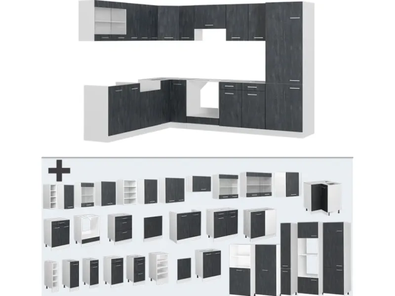 Winkelküchen|Einbauküchen<Vicco R-Line Einbauküche in L-Form Schwarz Beton/Weiß 227 x 287 cm AP Marmor ohne E-Geräte