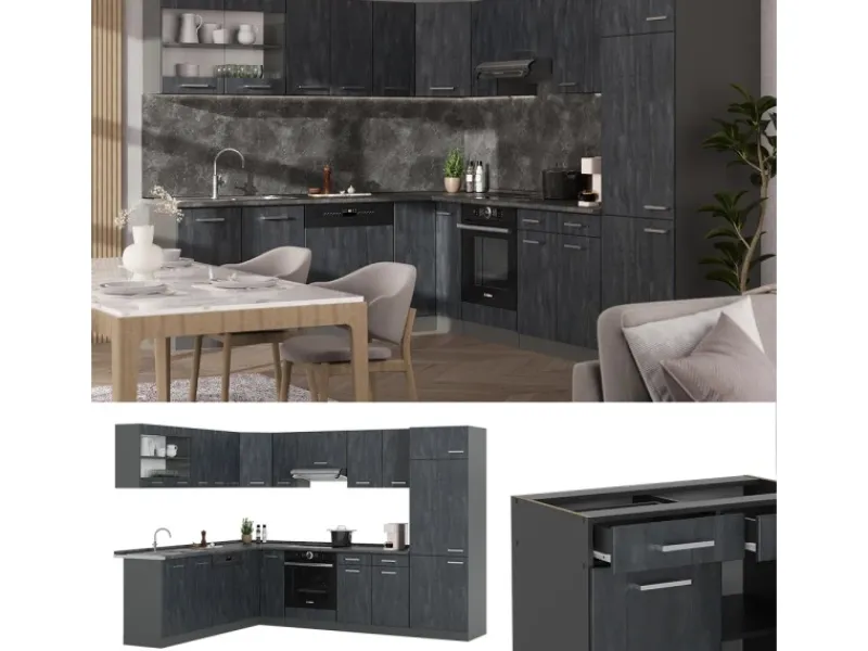 Vicco R-Line Einbauküche in L-Form Schwarz Beton/Anthrazit 227 x 287 cm AP Anthrazit ohne E-Geräte< Winkelküchen|Einbauküchen