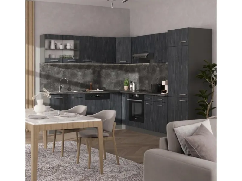 Vicco R-Line Einbauküche in L-Form Schwarz Beton/Anthrazit 227 x 287 cm AP Anthrazit ohne E-Geräte< Winkelküchen|Einbauküchen