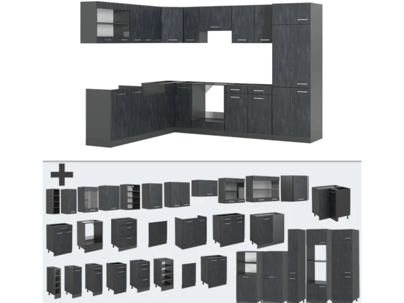 Vicco R-Line Einbauküche in L-Form Schwarz Beton/Anthrazit 227 x 287 cm AP Anthrazit ohne E-Geräte< Winkelküchen|Einbauküchen