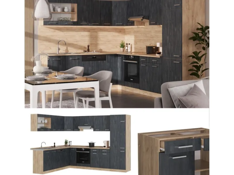Best Vicco R-Line Einbauküche in L-Form Schwarz Beton/Goldkraft Eiche 227 x 287 cm AP Anthrazit ohne E-Geräte Beton Dunkelgrau