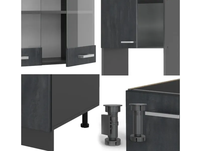 Discount Vicco R-Line Einbauküche in L-Form Schwarz Beton/Anthrazit 237 x 247 cm AP Marmor ohne E-Geräte Beton Anthrazit