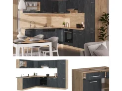 Vicco R-Line Einbauküche in L-Form Schwarz Beton/Goldkraft Eiche 227 x 287 cm ohne Arbeitsplatte ohne E-Geräte< Einbauküchen|Winkelküchen