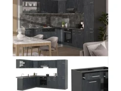 Winkelküchen|Einbauküchen<Vicco R-Line Einbauküche in L-Form Schwarz Beton/Anthrazit 227 x 287 cm AP Eiche ohne E-Geräte