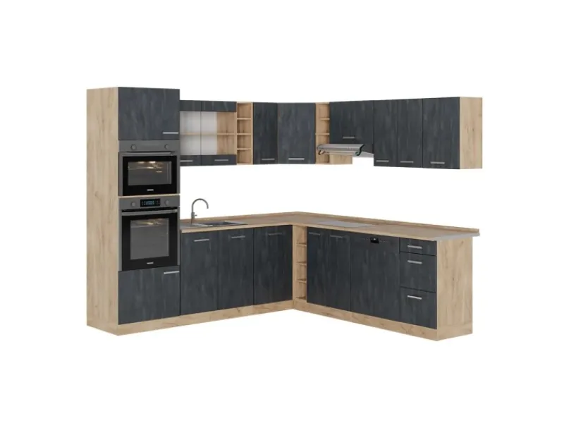 Vicco R-Line Einbauküche in L-Form Schwarz Beton/Goldkraft Eiche 237 x 247 cm ohne Arbeitsplatte ohne E-Geräte< Winkelküchen|Einbauküchen