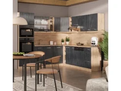 Vicco R-Line Einbauküche in L-Form Schwarz Beton/Goldkraft Eiche 237 x 247 cm ohne Arbeitsplatte ohne E-Geräte< Winkelküchen|Einbauküchen