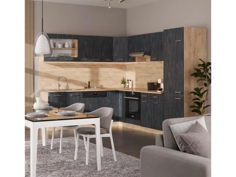 New Vicco R-Line Einbauküche in L-Form Schwarz Beton/Goldkraft Eiche 227 x 287 cm AP Marmor ohne E-Geräte Beton Dunkelgrau