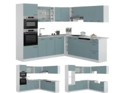 Vicco R-Line Einbauküche in L-Form Blau-Grau/Weiß 237 x 247 cm AP Eiche ohne E-Geräte< Winkelküchen|Kücheninseln