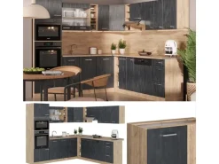 New Vicco R-Line Einbauküche in L-Form Schwarz Beton/Goldkraft Eiche 237 x 247 cm AP Marmor ohne E-Geräte Beton Dunkelgrau