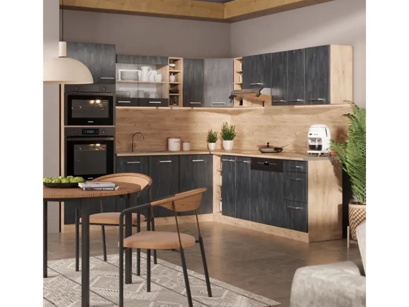 New Vicco R-Line Einbauküche in L-Form Schwarz Beton/Goldkraft Eiche 237 x 247 cm AP Marmor ohne E-Geräte Beton Dunkelgrau