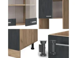 New Vicco R-Line Einbauküche in L-Form Schwarz Beton/Goldkraft Eiche 237 x 247 cm AP Marmor ohne E-Geräte Beton Dunkelgrau