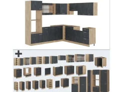 New Vicco R-Line Einbauküche in L-Form Schwarz Beton/Goldkraft Eiche 237 x 247 cm AP Marmor ohne E-Geräte Beton Dunkelgrau