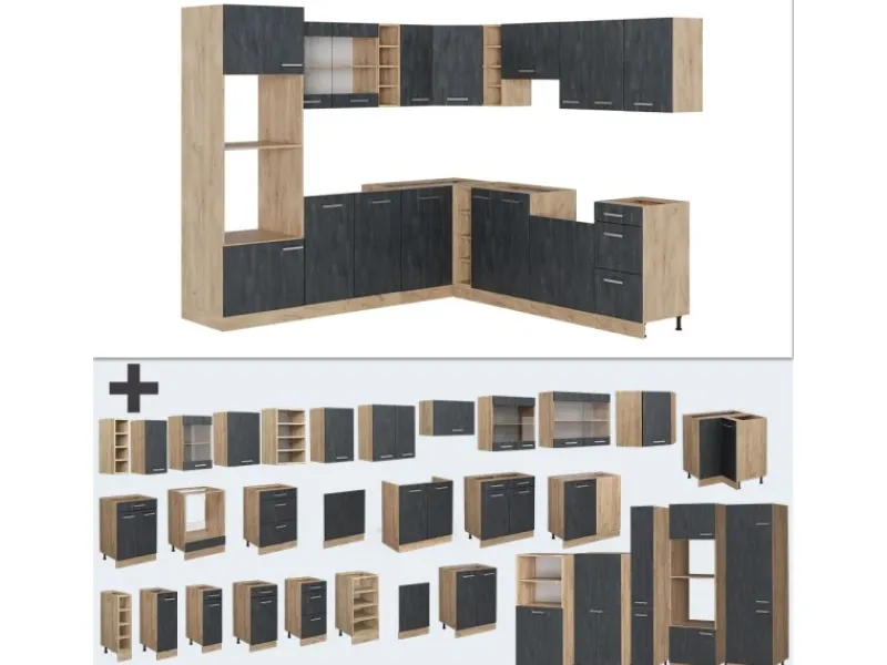 New Vicco R-Line Einbauküche in L-Form Schwarz Beton/Goldkraft Eiche 237 x 247 cm AP Marmor ohne E-Geräte Beton Dunkelgrau