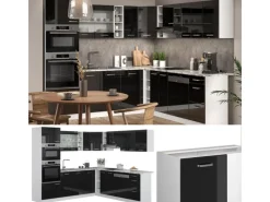 Clearance Vicco R-Line Einbauküche in L-Form 237 x 60 cm AP Marmor ohne E-Geräte Schwarz Hochglanz