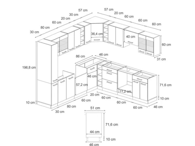 Winkelküchen|Einbauküchen<Vicco R-Line Einbauküche in L-Form Schwarz Beton/Weiß 237 x 247 cm AP Eiche ohne E-Geräte