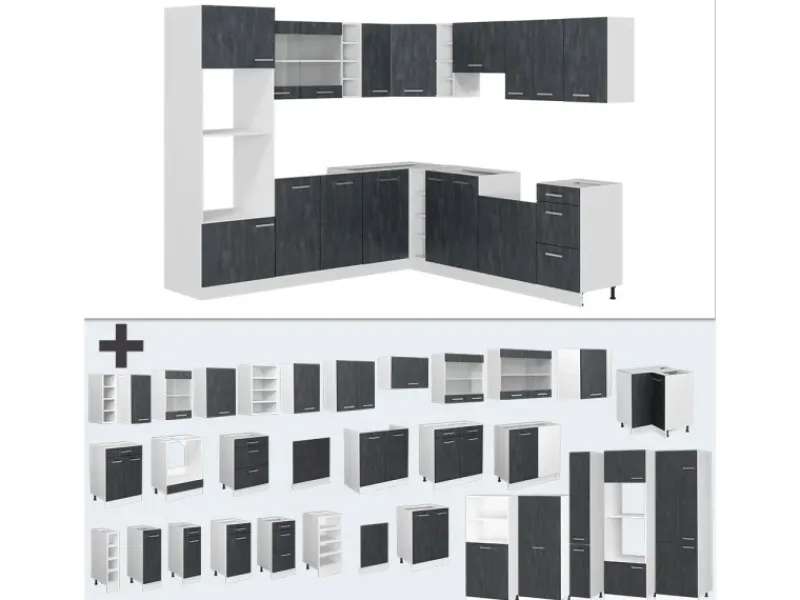 Winkelküchen|Einbauküchen<Vicco R-Line Einbauküche in L-Form Schwarz Beton/Weiß 237 x 247 cm AP Eiche ohne E-Geräte